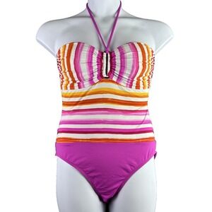 La Blanca Swimsuit Womens Size 14 Hot Pink Orange White Halter One‎ Piece Art